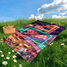 Retro Diner Style Picnic Blanket Featuring Neon Lights And Whimsical Cartoon Designs For Vibrant Outdoor Blanket Gatherings And Nostalgic Charm In Any Setting Or Space - Multicolor - View 3