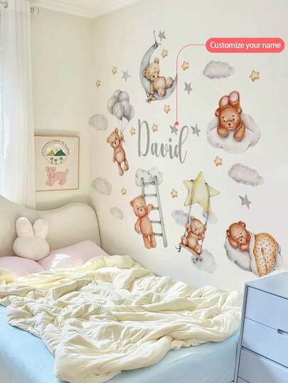Pegatinas de pared personalizables, nombre personalizable, luna, estrellas, buenas noches, pegatinas de pared de oso - Pegatinas de pared autoadhesivas de PVC extraíbles para la guardería, la habitación de los niños, la sala de juegos o el aula - Decoración de pared linda y creativa para cualquier espacio Vuelta al cole, suministros de regalo de Navidad, recuerdos de fiesta para niños