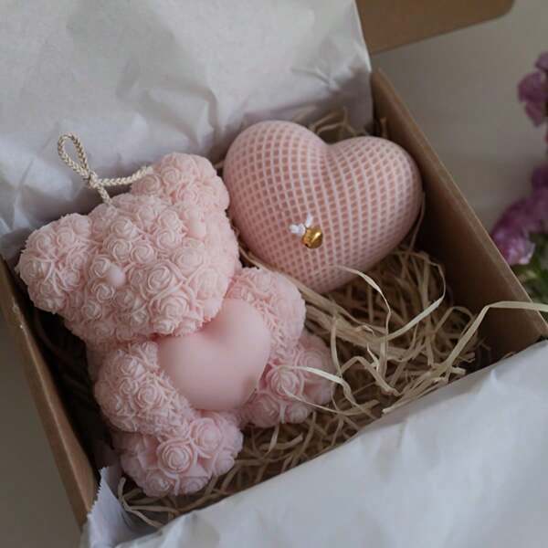 Teddybär mit Herzförmiger Kerze, Gewebtes Herz Harzform DIY Handwerk Gipsaroma Herstellung Zubehör, Hochzeitsgeschenk, Geburtstagsgeschenk, Kerzenlicht Dinnerdekor-Werkzeuge