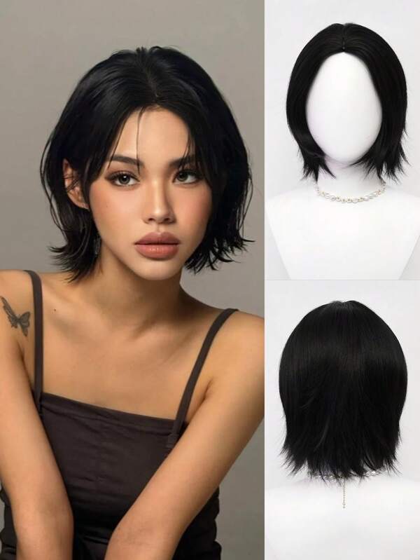 XYUNMI Bob Wig Short Straight Black Wig Middle Parted Bangs Light Breathable Layered Reverse Curled Wig Suitable For Women's Daily Party Use Heat-Resistant Synthetic Wig Halloween Costume Wig 14 Inches Sweet And Cute Wig