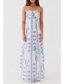 Womens Floral Strapless Dress Y2k Backless Sleeveless Tube Maxi Long Dresses Sexy Bodycon Summer Beachwear Formal Cocktail Club Party Sundress - 白色 - 查看 1