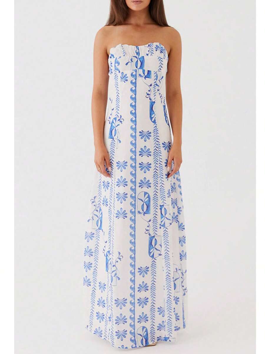 Womens Floral Strapless Dress Y2k Backless Sleeveless Tube Maxi Long Dresses Sexy Bodycon Summer Beachwear Formal Cocktail Club Party Sundress - 白色 - 查看 1