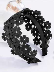 1pc Black Lace Summer Elegant Floral Wide Headband, Beauty, Home, Hair Accessories - Black - View 3
