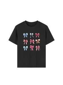 3件套女童休闲印花圆领短袖T恤，适合学生夏季穿着 - 复古蝴蝶结彩色T恤，为每个孩子带来快乐！童装，女童图案T恤，夏季上衣，青少年服装 - 深灰色 - 查看 7