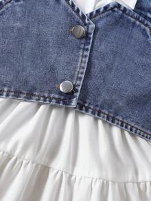 2 件套女童休闲连衣裙，时尚吊带上衣和翻领长袖连衣裙，适合幼儿和小女孩春秋季的时尚服装 - 白色 - 查看 4