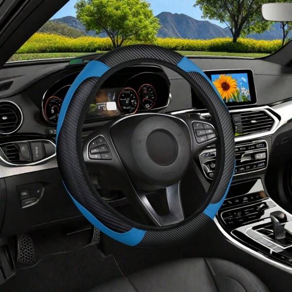 1pc Carbon Fiber Leather Comfortable Steering Wheel Cover Without Inner Rings, Auto Accessories Fit 14.5-15 Inches Steering Wheel, Universal For Men And Women, All Seasons