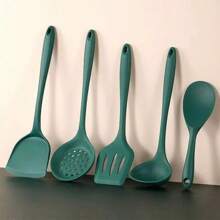 Kitchen All-In-One Heat-Resistant Silicone Cookware Set,Five-Piece Set,Household Silicone - Spatula, Soup Spoon, Frying Spatula, Slotted Spoon, Rice Spoon, Non-Stick Pan Cooking Spoon And Spatula Silicone Spatula Fish Frying Spatula Stir-Fry Spatula Steak Spatula Frying Pan Spatula Kitchenware, Non-Stick, Anti-Slip, Heat-Resistant, Anti-Scald (Without Rack)