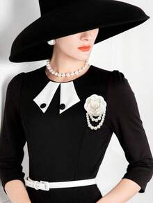 1pc Elegant Women Camellia Flower Faux Pearl Tassel Brooch Pin, Jewelry Accessory For Shirt Collar Dress Outfit, Party & Wedding Gift - 1 Piece Camellia Pearls - View 2