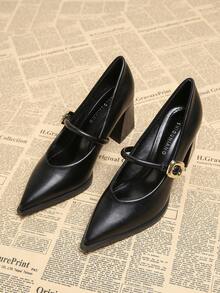 Women's Fashionable Office 2025 Spring New High Heel Shoes, Casual Solid Color Beige White Black Brown Pointed Toe Metal Decor Elegant Minimalist Chunky Heel High Heel Simple High Quality Loafers, Suitable For Wide Leg Pants And Dresses, 98581-7