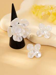 Set de regalo elegante y minimalista de 3 piezas - Anillo abierto con perla en forma de flor de rosa y aretes, accesorios de moda adecuados para mujeres, fiestas, regalos y uso diario