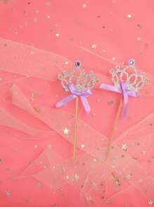1set/5pcs,Golden Crown Ribbon Cupcake Skewers With Pink Bow Accents - Perfect For Decorating Birthday Parties, Weddings, Dessert Cupcakes, Cocktail Skewers, Suitable For Gatherings, Party Celebrations, And Corporate Events