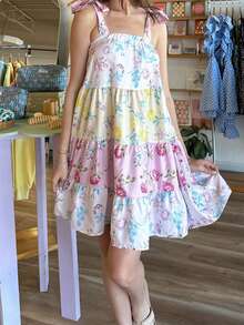 Women Mini Dress Floral Print Tie-Up Straps Cami Dress Summer Fashion Sleeveless Casual Dress - Nhiều màu - Xem 3