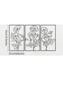 Set de 3 piezas de arte de pared de plantas y metal negro - Decoración moderna para el hogar, acentos festivos, arte de pared elegante