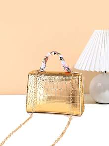 Silk Scarf Accessory Chain Embossed Print Handbag - Gold - View 4