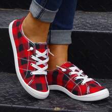 Women's Spring/Summer New New Big Red Checkered Flats Fashionable And Versatile, Comfortable Shallow Round Toe, Lightweight Lace-Up Low Top Soles, Breathable Casual Sports, Plus Size Women's Shoes - 紅色 - 查看 2