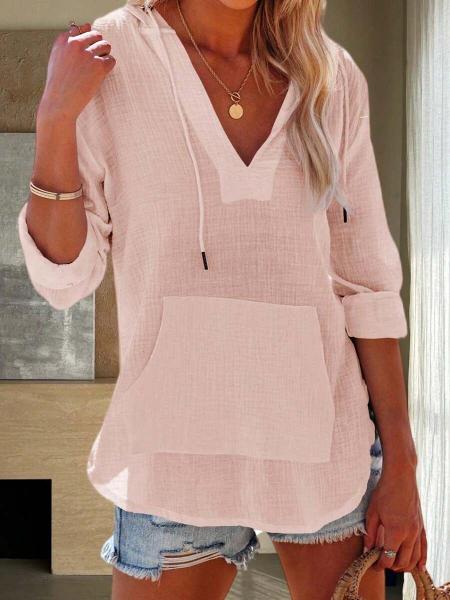 Women's Beach Cover Up Hoodies Sweatshirt Long Sleeve V Neck Pocketed Hooded Shirt Top - 粉色 - 查看 1
