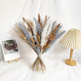 65 件棕色/蓝色/白色干蒲苇花束 - 蓬松花艺，适合乡村家居、桌面、花瓶填充、户外派对装饰，最适合婚礼中心装饰、圣诞节、万圣节、情人节、复活节装饰、冬季花束
