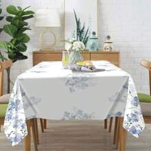 1pc Watercolor Floral Pattern Polyester Tablecloth, Spring/Summer Blue Green White Flower & Leaf Festive Tablecloth, Washable Seasonal Tablecloth, Home Kitchen Dining Party Picnic Decor, Gift