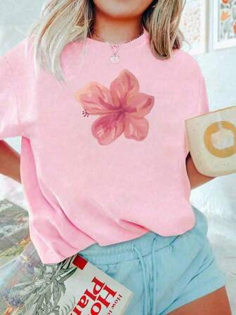 女童青少年学生休闲花卉印花粉色圆领短袖T恤上衣夏季