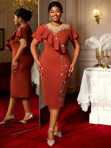 女士派对仿珍珠连衣裙网眼拼布不对称褶边串珠大码女式晚会生日婚礼宾客