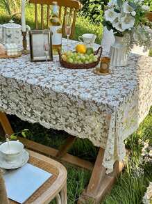 1pc Elegant Large Floral Tablecloth, French Vintage Lace Rectangular Table Cover, Retro Baroque Style For Coffee/Dining Table, Dust Cover