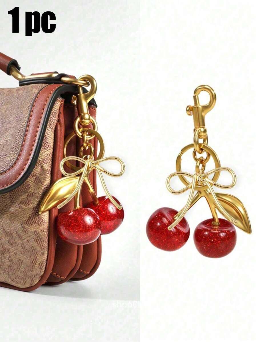 Silver Bowknot Black Cherry Pendant, New Arrival Big Black Cherry Shaped Crystal Pendant Paired With A Silver Bow Keychain Pendant,Glitter Cherry Charm Keychain With Clip For Bag, Sparkling Resin & Metal Accessory For Purses And Bags For Women,Suitable For Daily Use, Can Be Given To Family, Lovers, Friends, Valentine's Day Gifts,Back To School Gifts - Red - View 1