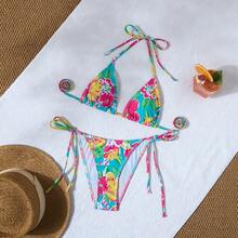 Bikini a due pezzi da donna con stampa floreale, stile dolce e carino da spiaggia, con design a taglio sul retro e collo con lacci, alla moda, sexy ed elegante, per l'estate