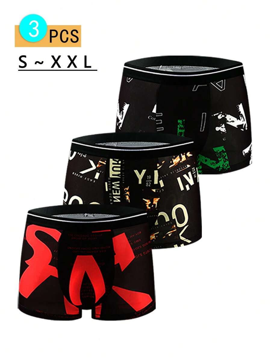 3pcs/Set Men's Casual Geometric & Letter Print Underwear, Polyester High Stretch Waistband, Comfortable Mid-Rise Trunks, Suitable For Spring, Summer And Autumn - Multicolor - View 1