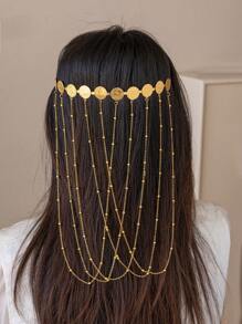Herseygold 1pc Gold-Plated Tasseled Kurd-Style Women Hair Clip, Women's Headdress, Arabic Coin Totem Hair Accessories, Wedding Festival Ornaments