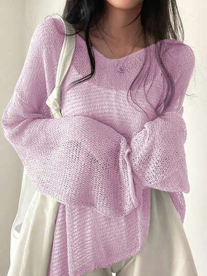 女式纯色休闲宽松落肩圆领针织毛衣