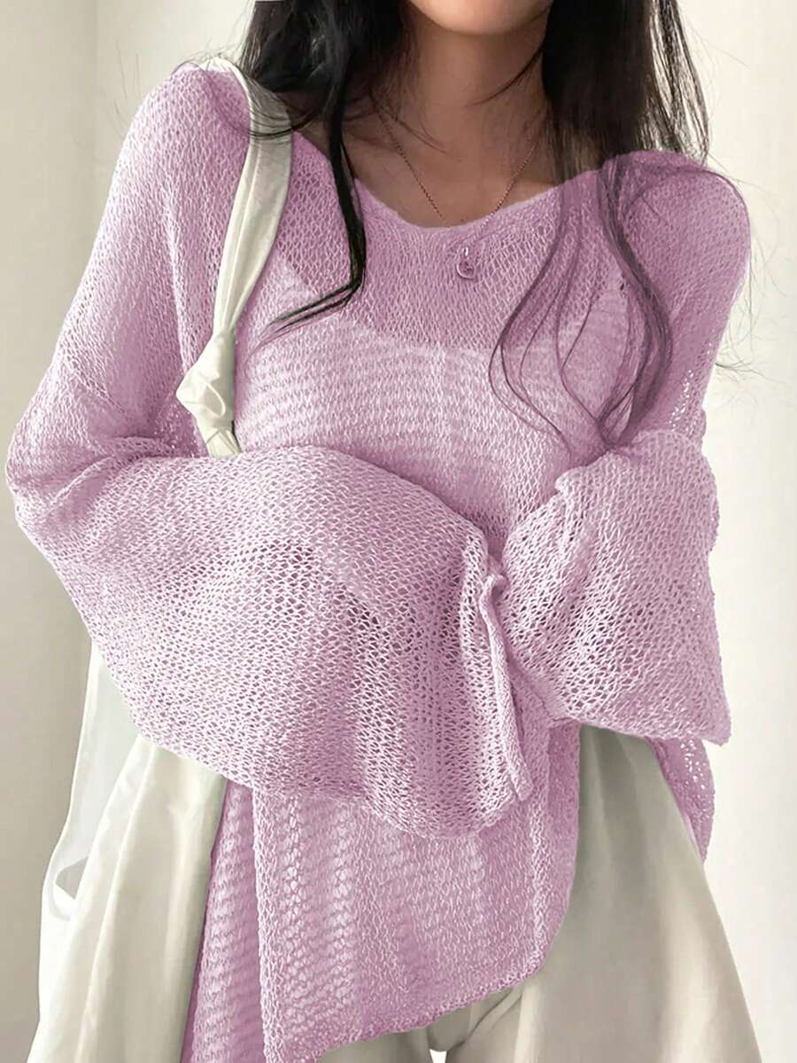 Women's Solid Color Casual Loose Fit Drop Shoulder Crewneck Knitted Sweater Spring - Baby Pink - View 1