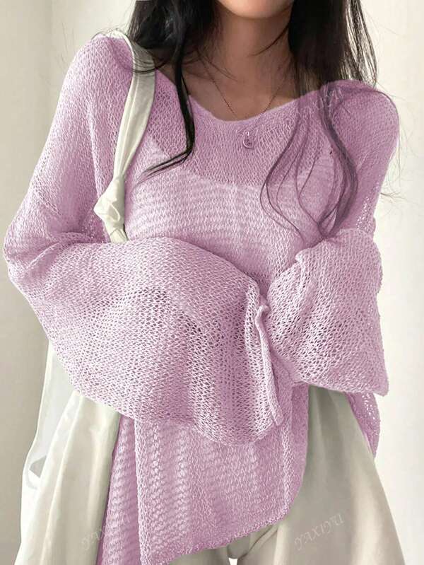 Women's Solid Color Casual Loose Fit Drop Shoulder Crewneck Knitted Sweater