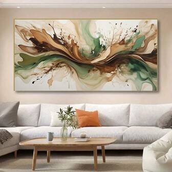 1 件大型现代抽象复古水墨油画艺术 - 无框，鲜艳的绿色、棕色和米色漩涡海报，适用于客厅、卧室或走廊墙壁装饰