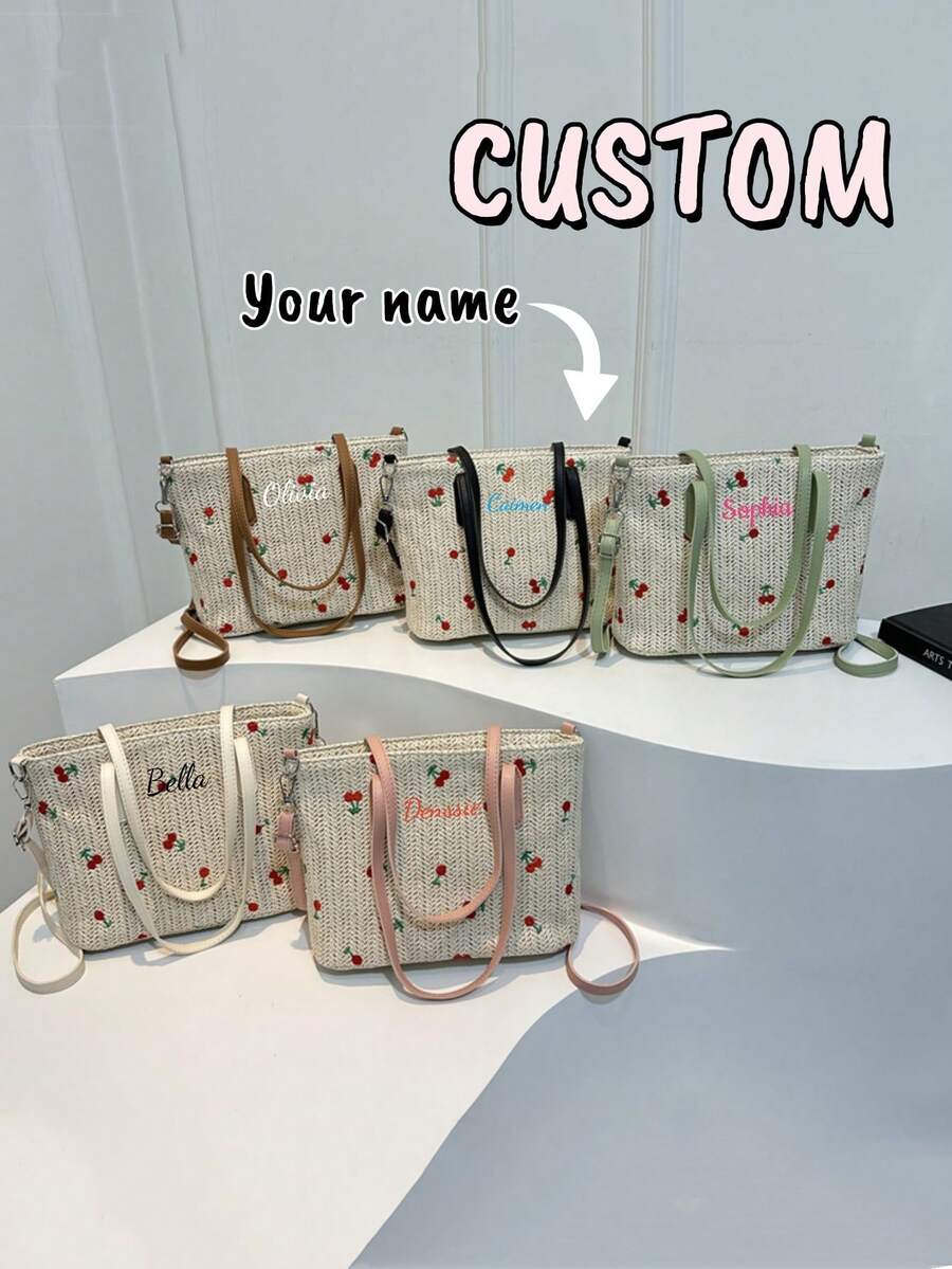 Custom Women'S Casual Straw Cherry Shoulder Bag, One Piece Customized Personalized Name Or Holiday Message Travel Bag. Can Be Customized With Exclusive Name, Letters, Lucky Numbers, Etc., Large Designer Handmade Woven Rattan Tote Summer Vacation And School Capacity, Portable, Suitable For Teens, College Girls Professionals, Great Work, Back To School, High College, Vacation. Mother'S Day Gift.