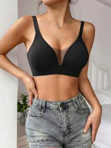 1pc Solid Color Seamless Mesh Patchwork Edge Adjustable NOn Removable Padded Wireless Bra Casual-Comfy