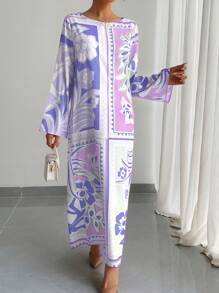 Elegant Arabic Robe, Summer Loose Fit Lightweight Breathable Round Neck Long Sleeve Casual Resort Style Gown, Traditional Arabic Clothing Formal Dress, Holiday Cocktail Dress