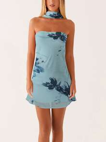 Women Floral Tube Strapless Mini Dress Y2k Cute With Scarf Short Dresses Bodycon Backless Beach Formal Sundress - 水鴨藍 - 查看 2