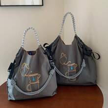 Women's Shoulder Bag, Stylish And Elegant, Nylon Bag, Embroidered Coffee Pot Pattern, Cloth Bag, Large Capacity, Lightweight, Foldable Storage, Crossbody Bag, Handbag, Commute, Travel, School, Leisure, Fashion Street Photo, Holiday Gift Large Capacity Tote