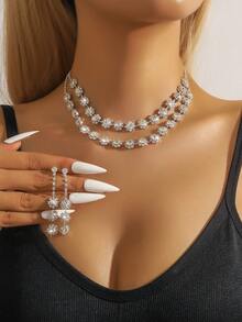 3pcs Women'S Jewelry Set With Rhinestones Double Layer Copper Full Set Rhinestone Necklace Set Bridal Jewelry Set Wedding Party Banquet Jewelry - Multicolor - View 1