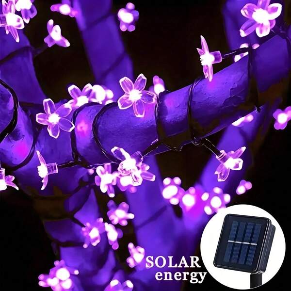 Cordão de Luzes LED Solares em Forma de Flor de Cerejeira - 8 Modos de Iluminação para Pátio, Varanda, Camping, Casamento, Decoração de Jardim | Cordão de Luzes Decorativas | Luzes Solares Penduradas