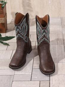 Women's Chunky Heel Slip-On Embroidered Coffee Brown Western Boots, Square Toe Mid-Calf Boots, Fashion Versatile Cowboy Boots For Autumn/Winter, New Design Short Brown Wooden Heel Cowgirl Boots