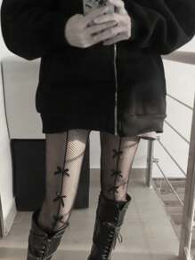 Women's Black Sexy Hollow Bowknot Stockings, Fishnet Tights With Line Pattern, Goth Dark Chic Style Pantyhose