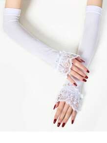 1 Pair Women's Lace Trim Lightweight Sun Protection Arm Sleeve Gloves, Solid Color, Spring & Autumn
