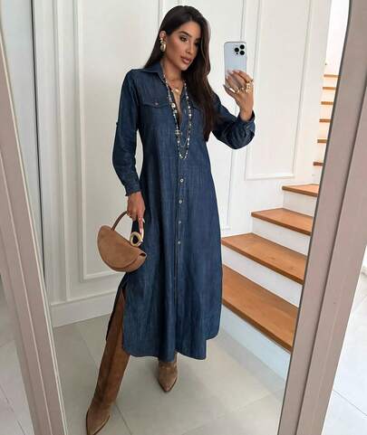 Vestido Jeans Chamise Longo   Simples  Casual    Bolso  Botão