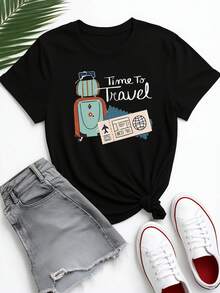 Time To Travel Graphic T-Shirt For Women - Casual Summer Vacation Tee With Luggage And Passport Design - 黑色 - 查看 2