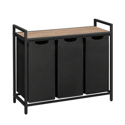 VASAGLE Wäschekorb 3 Fächer, Wäschesammler mit Ablage, Wäschebox, Wäschesack aus Oxford-Gewebe ausziehbar abnehmbar, Metallrahmen, 3 x 38 L, 92,5 x 33 x 72 cm, kamelbraun-schwarz