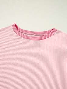 Acelitt Camiseta de manga corta casual de verano para mujer con cuello redondo, bloque de color, textura de rayas y patchwork multicolor