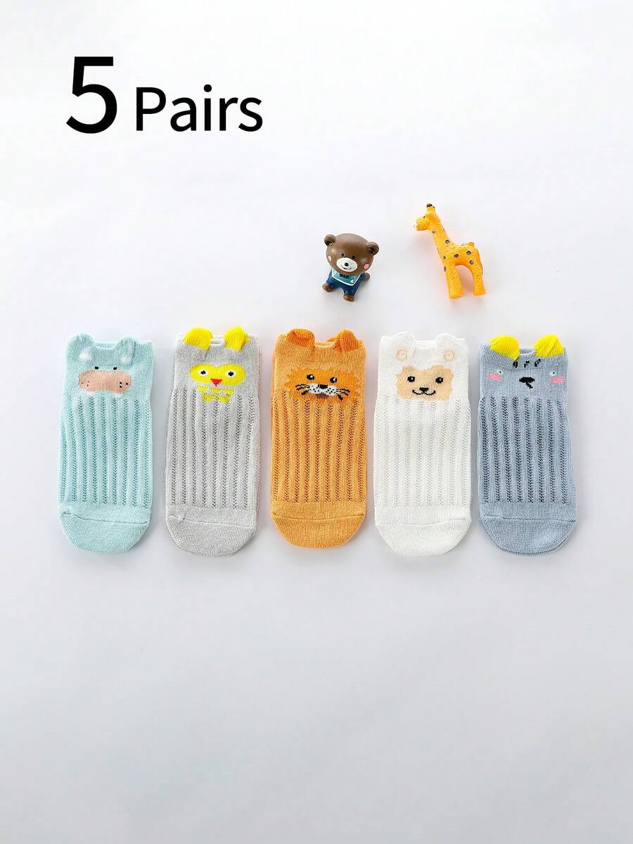 5 Pairs Cartoon Animal Ear Decor Mesh Children Socks, Breathable & Comfortable Short Socks For Girls Leisure Daily Wear, Summer Thin - Multicolor - View 1