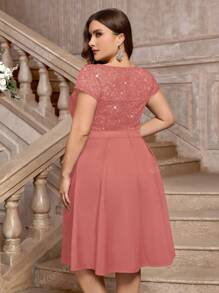 Vestito da cocktail elegante, a scollo a V, con contrasto di paillettes, decorazione floreale in pizzo, a ruota, adatto per feste di promo, feste di laurea, compleanni, e cerimonie