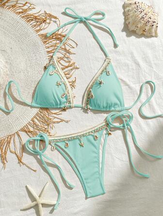 Bikinx 女士纯色拼接丝带贝壳装饰三角杯系带比基尼套装，适合海滩度假